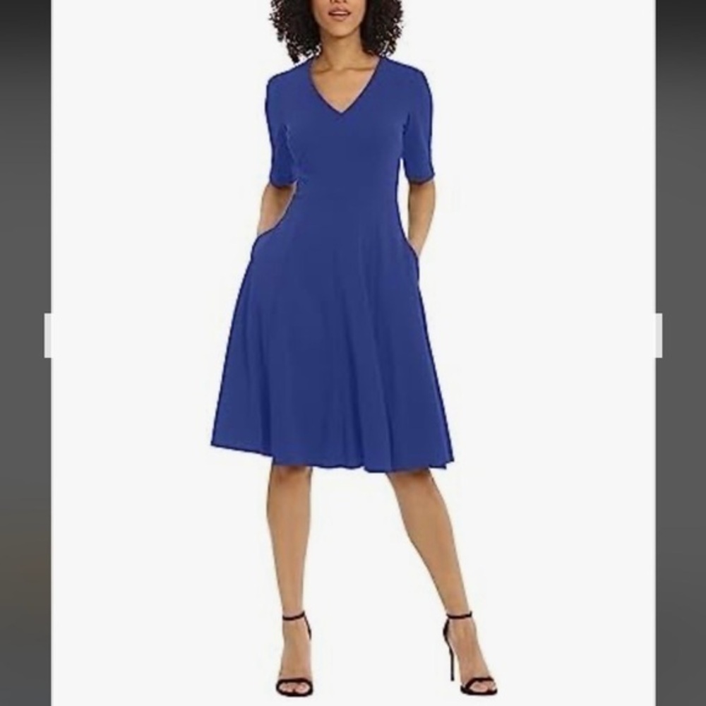 Donna Morgan Crepe Elbow Sleeve V-Neck Fit & Flare Midi Dress in Sodalite Blue